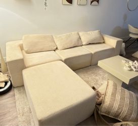 Cream Corduroy L-Shaped Sectional Sofa