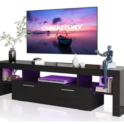 Clikuutory Modern LED 63 inch TV Stand with Large Storage Drawer for 40 50 55 60 65 70 75 Inch TVs, Black Wood TV Console with High Glossy Entertainme