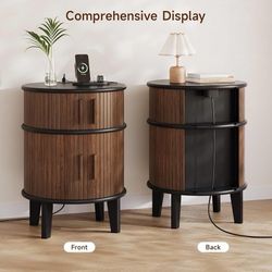 Set of 2 Fluted Round End Table with Storage, with Charging Station, Walnut