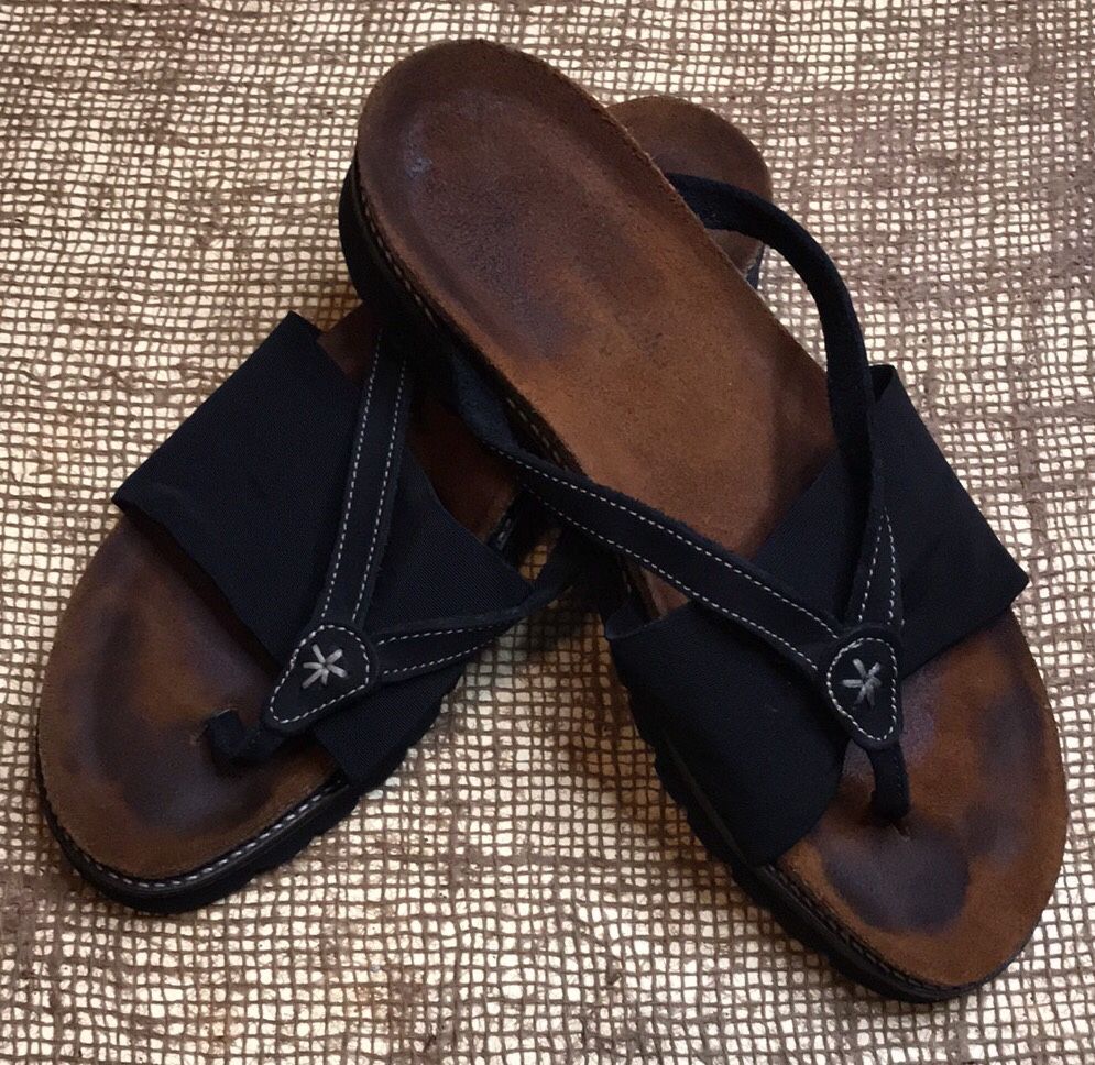 Naot: Black Leather Thong & Fabric Band Sandals, Size: 38, Made in Israel