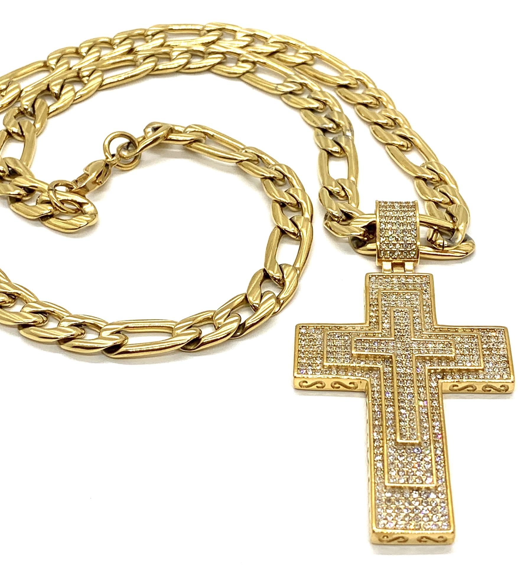 Necklace Stainless Steel 18K Gold Plated Cross With Cubic Zirconia, width 9MM ,Size Length 22”