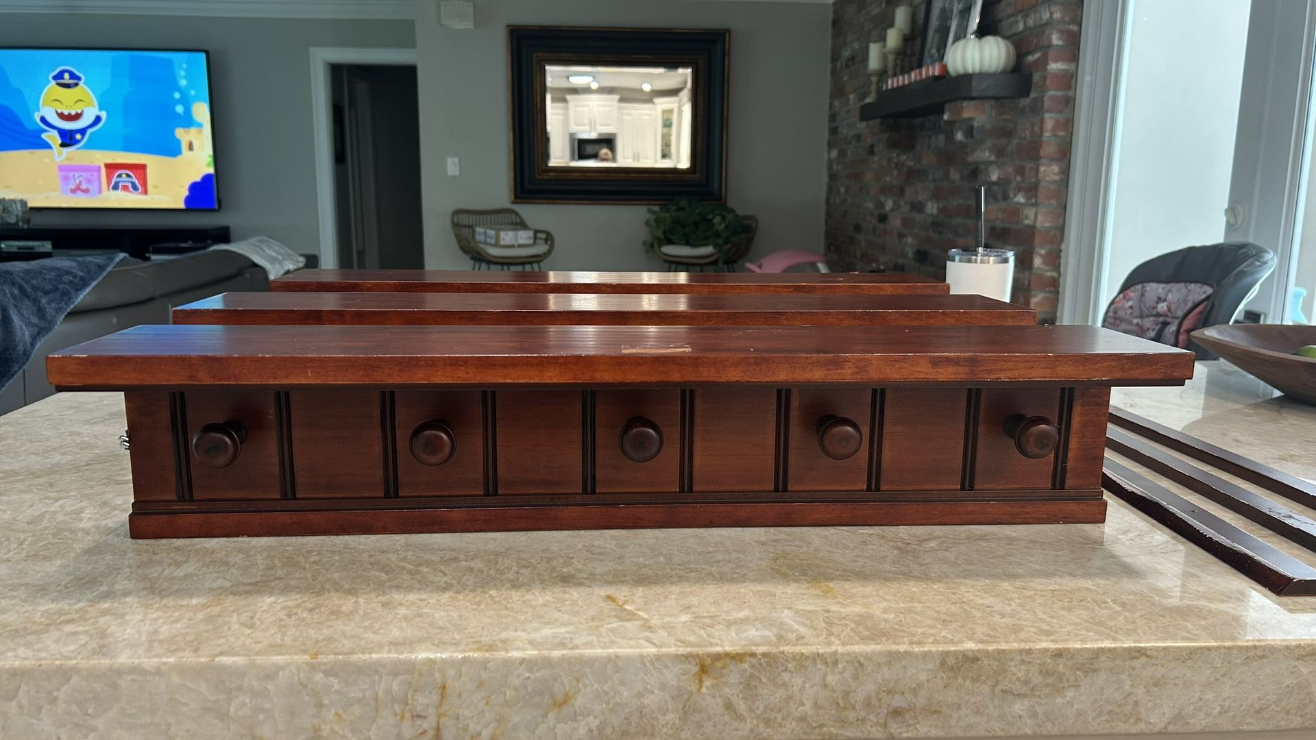 3 dark solid wood Pottery Barn shelves