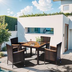 New 5 Piece Furniture Set, Patio Conversation with Acacia Wood Top, Rattan Outdoor Dining Table and Chairs for Backyard, Garden, Deck, Black New in b