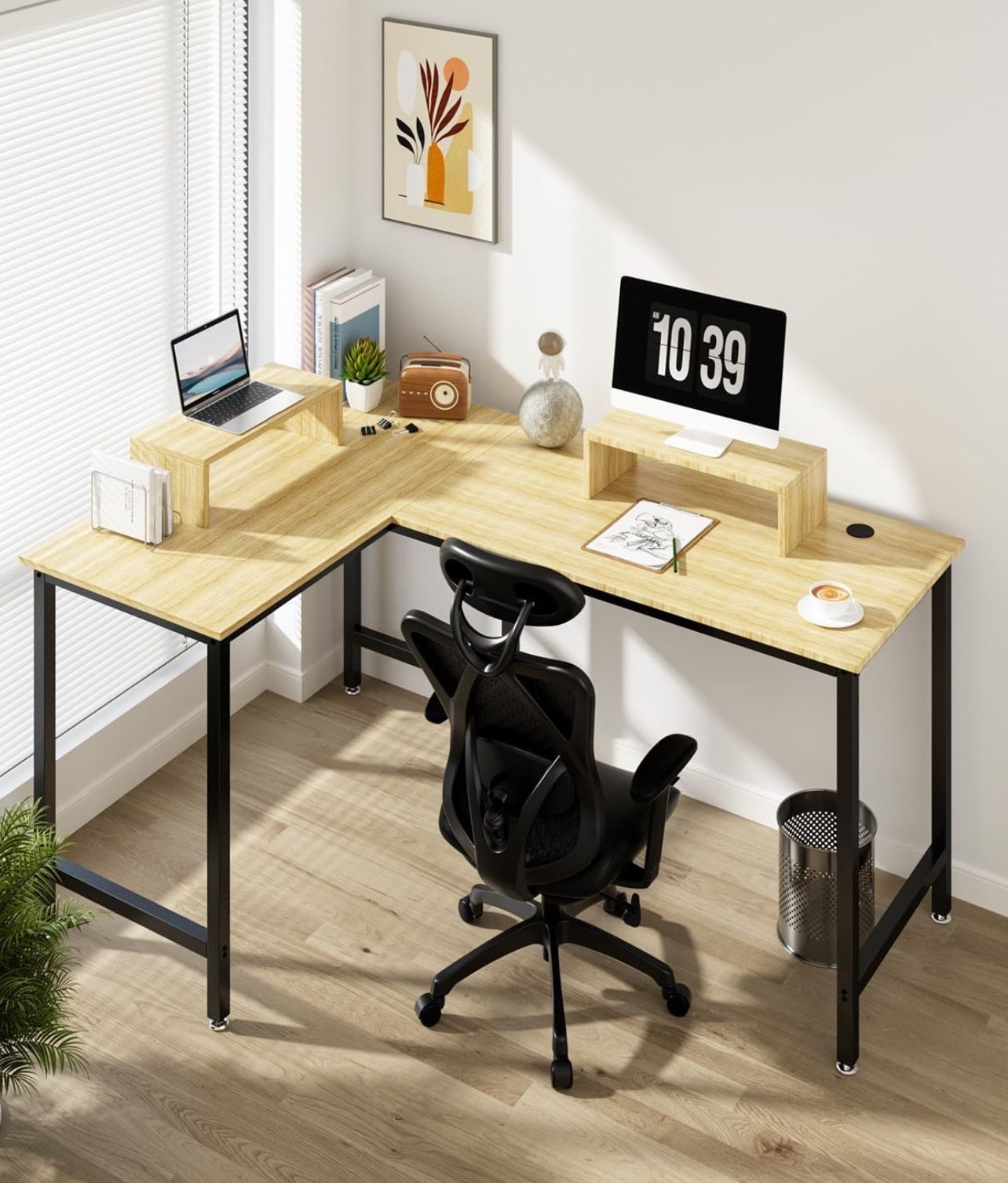 L Shaped Computer Desk - 58" Gaming Desk, Reversible Corner Desk, Home Office Writing Desk with Monitor Stand Shelf, Space-Saving Modern Simple Wooden