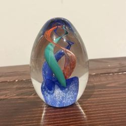 Vintage Retro Art Glass Egg Shape Swirl Spiral Red Blue Green Paperweight