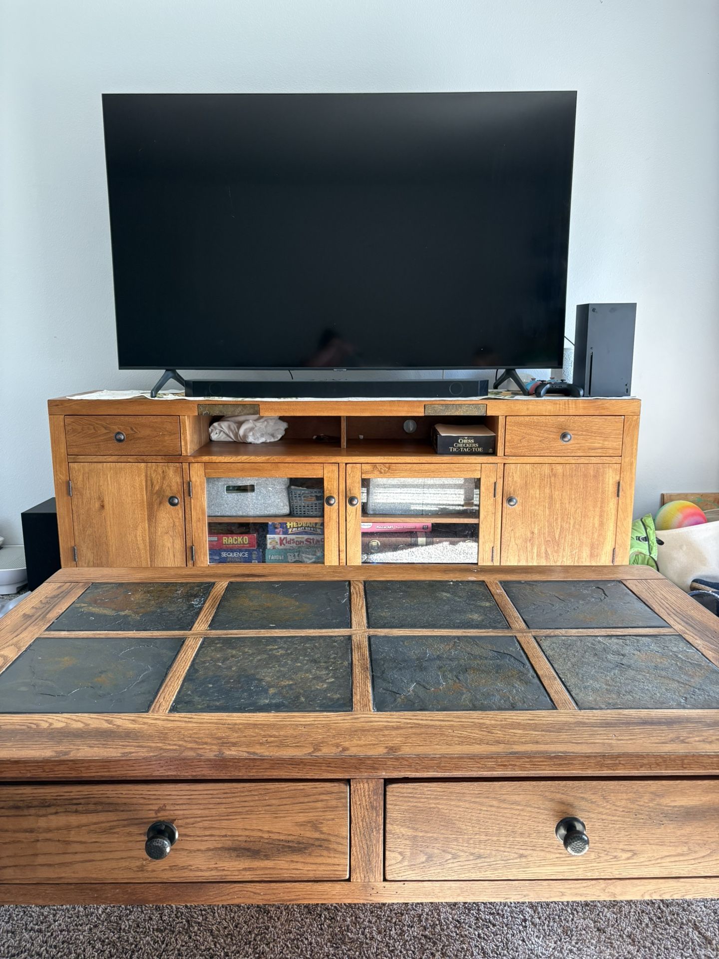 Solid Wood And Stone Entertainment And Coffee Table