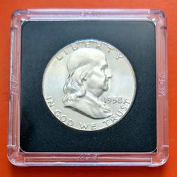 1958 Benjamin Franklin uncirculated 90% silver half dollar coin
