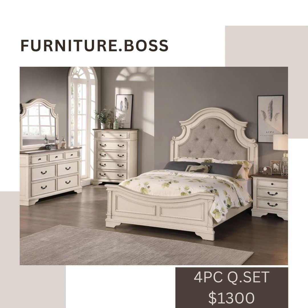 Farmhouse Style Bedroom - Queen Bed, Dresser, Mirror, Nightstand 1300. ((Mattress Sold Separately))