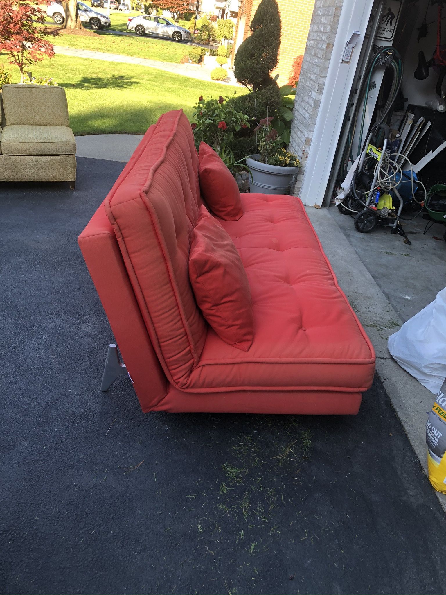 Red Color Futon Couch With 2 Pillows