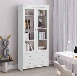 White Bookcase with Glass Doors 4-Tier Tall Bookshelf with Cabinet and Drawers Wood Curio Storage Cabinets Wide 4 Cube Storage Organizer for Living Ro