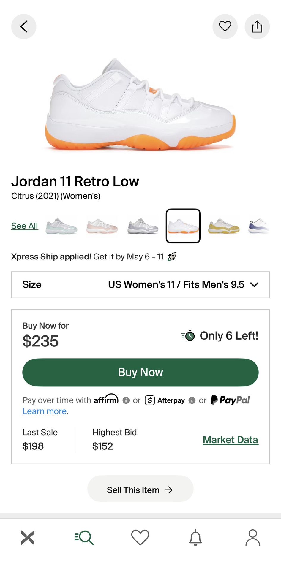 Jordan 11 Citrus Men’s 9.5 Women’s 11