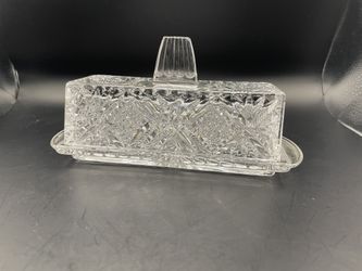 Vintage Crystal Glass Butter Dish with Lid Diamond Starburst Pattern