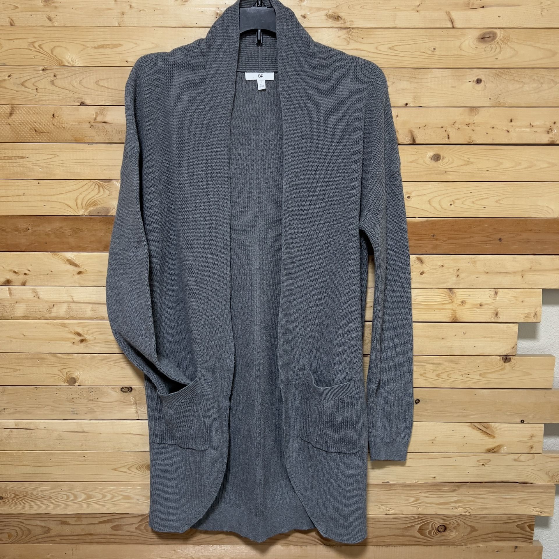 BP Women’s Gray Ribbed 100% Cotton Open 2 pockets Open Cardigan Sweater Size S