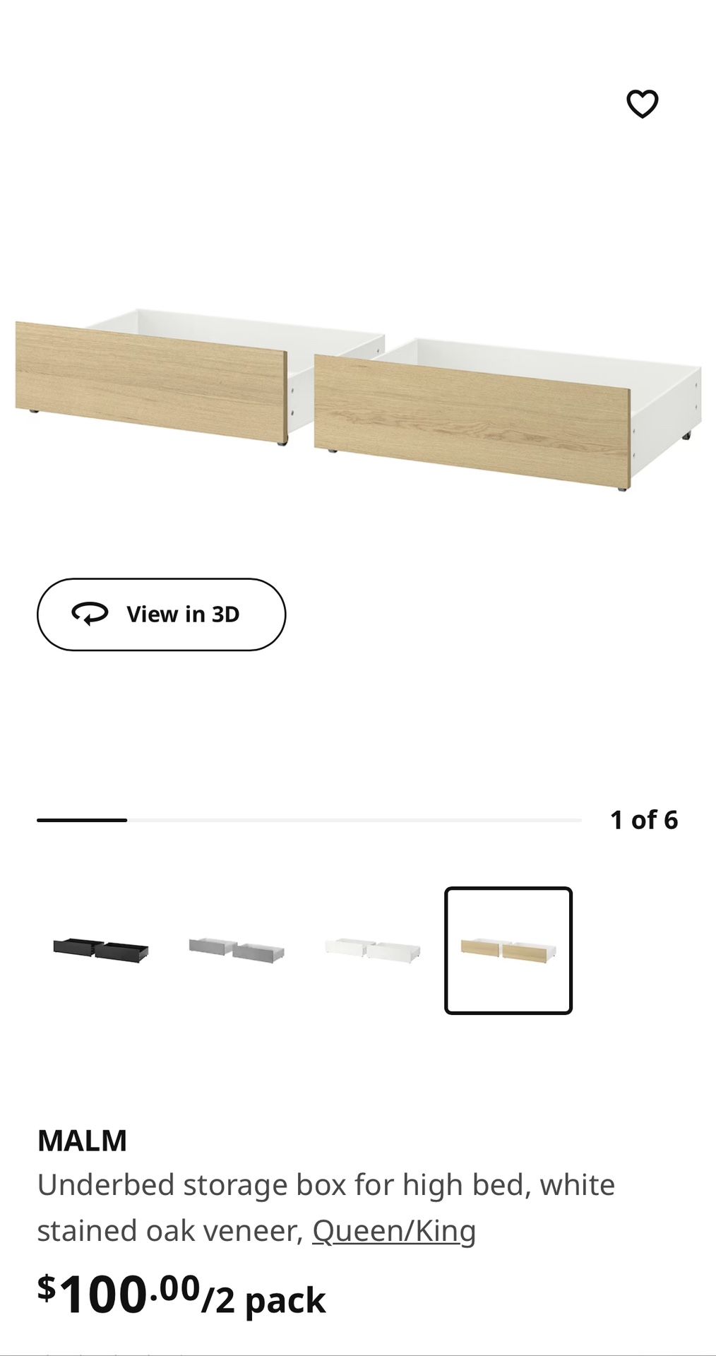 IKEA MALM Underbed storage box for high bed, white stained oak veneer, Queen/King