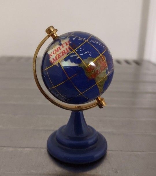 Little Original Lapis Lazuli Tabletop World Globe Inlaid Semiprecious Gemstone ;3" Tall.