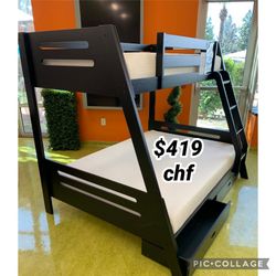 Black Twin // Full Bunk Bed Frame With Two Storage Drawers 