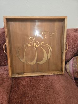 Wooden Decorative Tray with Copper Pumpkin Design under glass & Silver Tin Lotus Tray bundle or separate