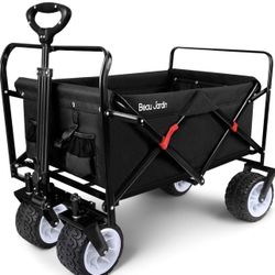 BEAU JARDIN Folding Beach Wagon Cart 300 Pound Capacity Collapsible Utility Camping Grocery Canvas Portable Rolling Outdoor Garden Sports Heavy Duty S