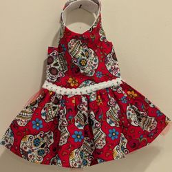 Handmade Halloween Sugar Skulls Dog Dress With Red Tulle Under Skirt 