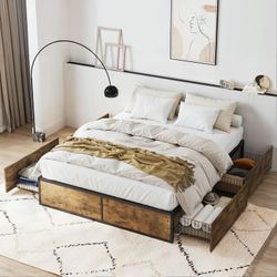 Queen Size Platform Bed Frame with 4 Sliding Large Storage Drawers, Metal Slats Support, Noise Free, Rustic Brown  Features:  Large Storag