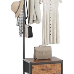 Rustic Brown Narrow Coat Rack, L-Shape Hall Tree with Drawer, Shoe Bench & Fabric Cubby Storage