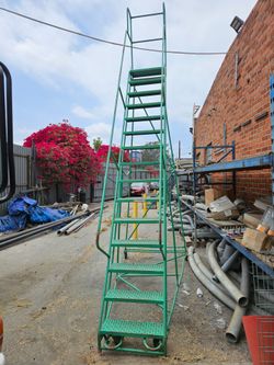 (2) Rolling Warehouse Ladders - 12 ft Top Step / 16.5 ft Tall - Heavy Duty Steel - $1000 each