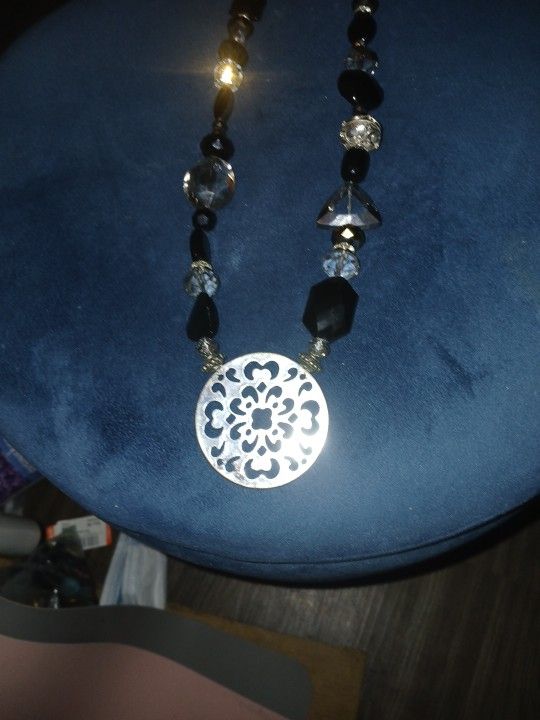 Black And Clear Stones Silver Necklacec