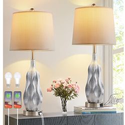 Ireliare 28" Ceramic Lamps Set of 2 with Touch Control, Large Table Lamp with 2 USB Ports, Modern Table Lamps for Living Room, 2 Bulbs Included
