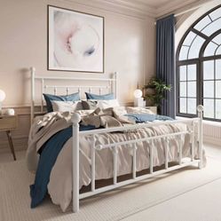 Queen Bed Frame, Metal Platform Bed Frame with Vintage Headboard, White