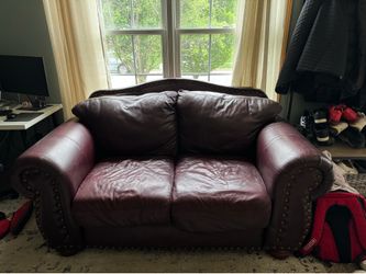 Burgundy Leather Sofa and Loveseat Set with Nailhead Trim
