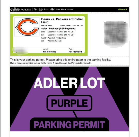 Adler Lot Parking Pass, Bears vs Packers 