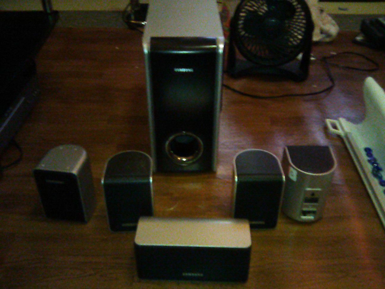 Samsung Subwoofer speaker system includes one subwoofer with front left and right speakers rear left and right speakers and one center speaker