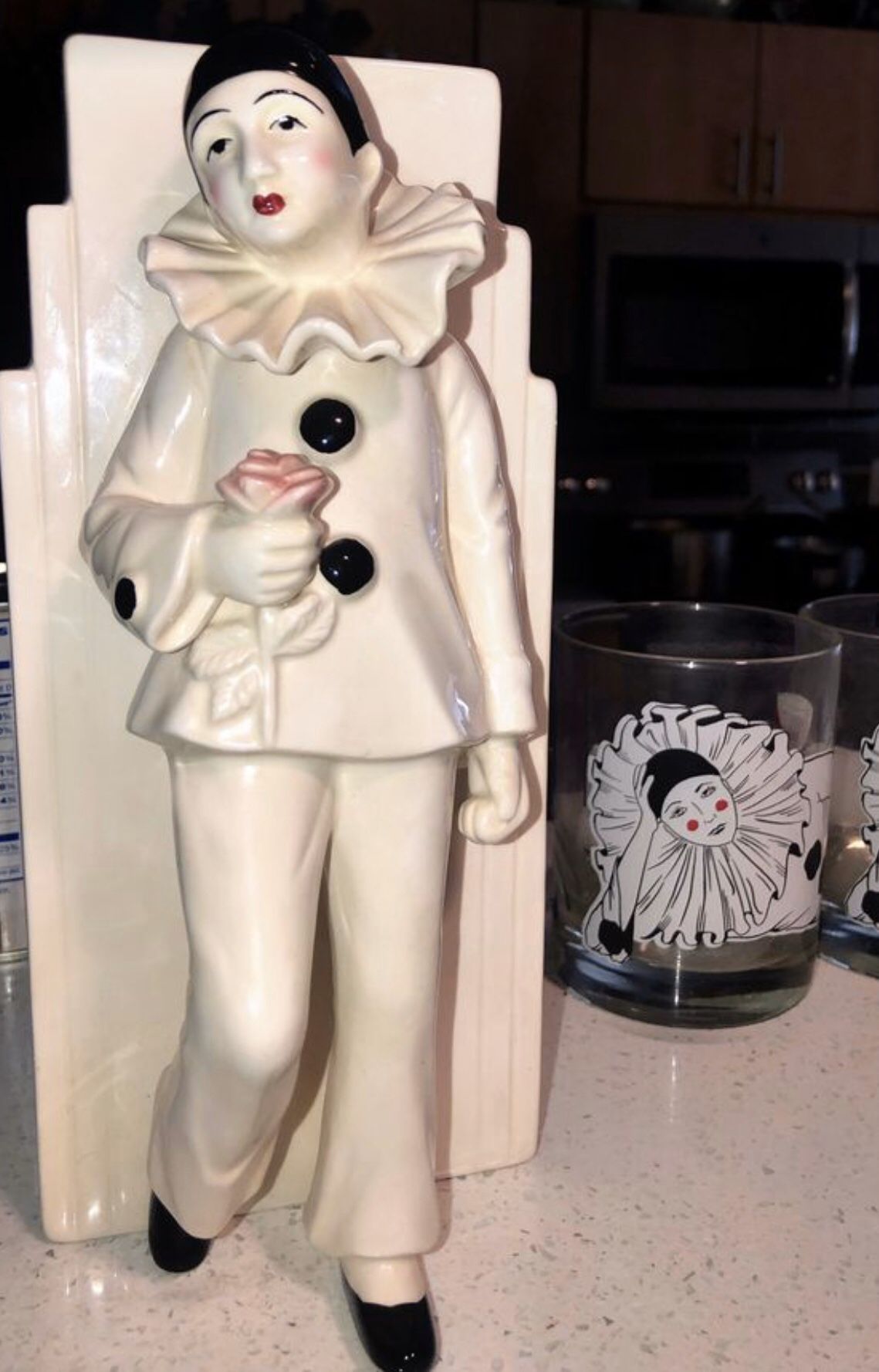 Vintage Pierrot Clown Collectibles; Vase and Bar Glasses