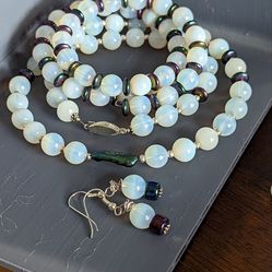 Handmade Opalite and black pearl necklace set