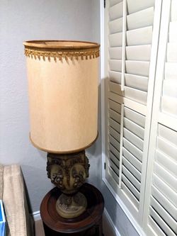 Vintage Carved Table Lamp with Drum Shade + Vintage Round Wood Accent Cabinet / Side Table