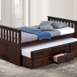 Brand New Espresso Twin Size Bed Frame w Trundle Bed + Drawers 