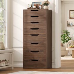 44.5" Tall Walnut Dresser, 8 Drawer Dresser with Groove Handles