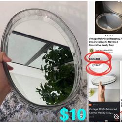 $10 Vintage Hollywood Regency Art deco oval Vanity Lucite Tray Mirror Like New
