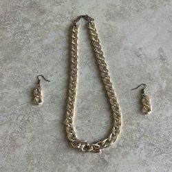 Rose Gold Classic Chain Necklace and Matching Earrings Costume Jewelry 