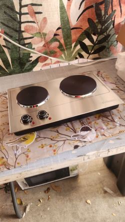 CUSIMAX 1800W Portable Double Burner Hot Plate – Stainless Steel Countertop Electric Cooktop with Dual Cast Iron Heating Plates, Easy-to-Clean Silver