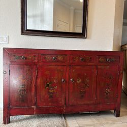 Large Antique Lacquered Cabinet / Red Sideboard Buffet