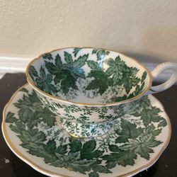 Coalport Fine China England Green Leaves 1949  Tea Cup & Saucer Bone China