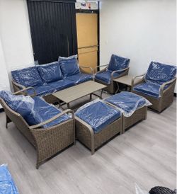 8pc Outdoor Wicker Patio Furniture Set with Blue Cushions
