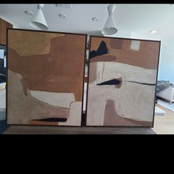 Set of 2 Large Neutral Abstract Wall Art – Modern Framed Canvas