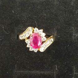 Gemstone Halo Ruby & Diamond Gold Plated Ring