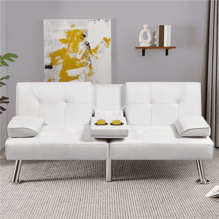 Modern Faux Leather Convertible Futon Sofa Bed with Cup Holders, White