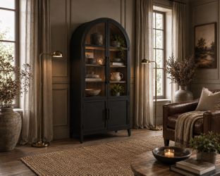 Modern Farmhouse Black Finish Arched Cabinet Glass Doors Storage Gabinete