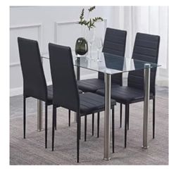 5-Pieces Glass Dining Table with Faux Leather Chairs Set for 4