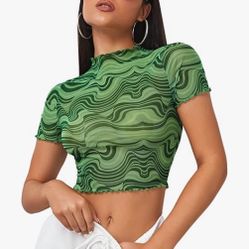 Green Trendy Mesh Wavy Print Crop Top Size Small