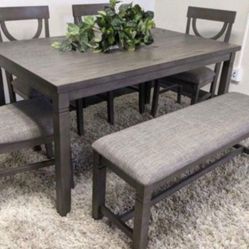 ✅️✅️6 pc bridget ii grey finish wood dining table set padded seat chairs and bench✅️✅️